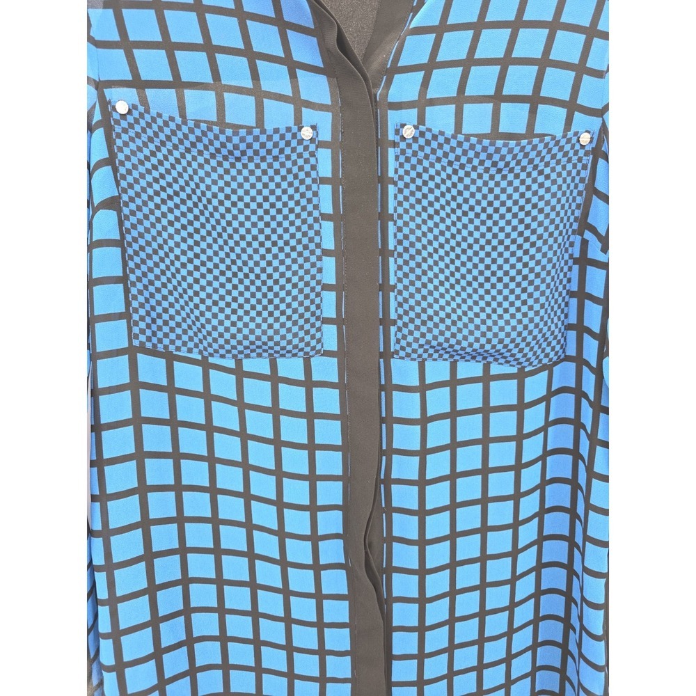 Michael Kors Blouse XS Blue Black Plaid Checkered Button Front Long Sleeve - Picture 3 of 12